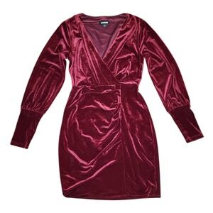 Express Dress Womens Size XS‎ Red Velour Velvet Long Sleeve Ruched Romantic Date